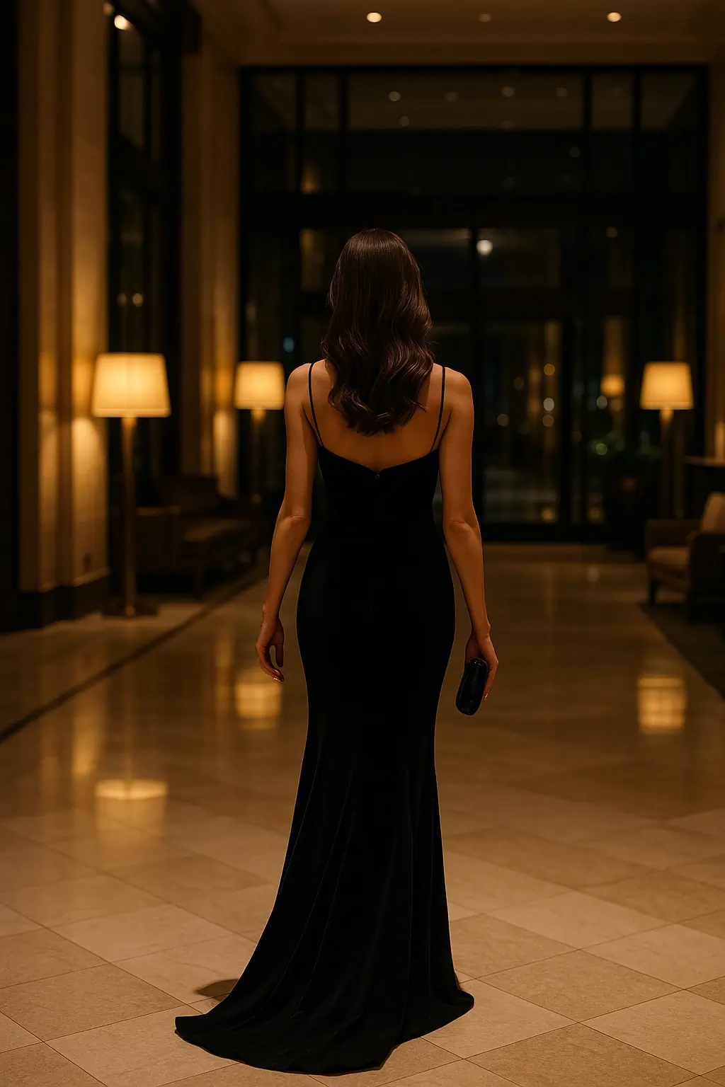 Elegant woman in a black evening gown walking through a luxury hotel lobby at night, holding a clutch, with soft lighting and a refined atmosphere.